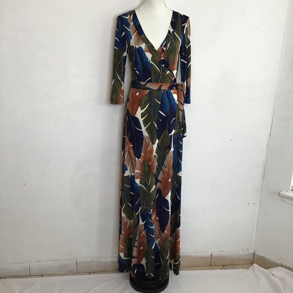 Janette Women Elegant Blue Brown Tropical Leaf Print V-Neck Maxi Dress M